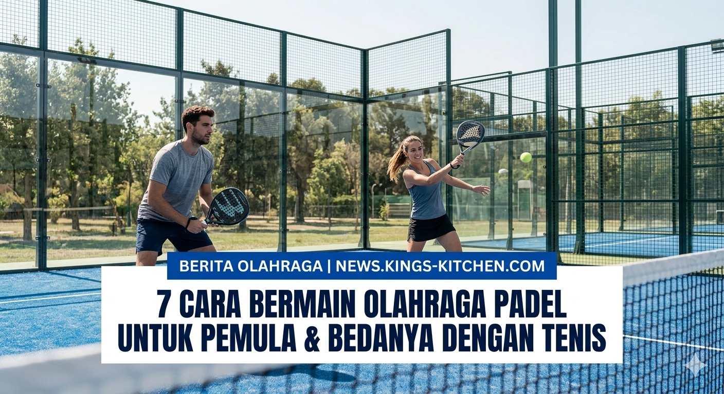 Dua orang sedang bermain olahraga padel di lapangan tertutup dengan raket khusus padel tanpa senar.